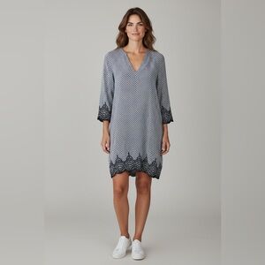 JOIE Silk Tunic Dress Women's Size XS‎ Blue Cream Geometric Long Sleeve V-Neck‌
